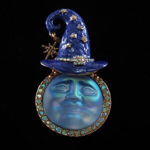 Ladies Brooch Moon Wizard Rhinestones Gold Tone Metal Jewelry 3" x 1 3/4"